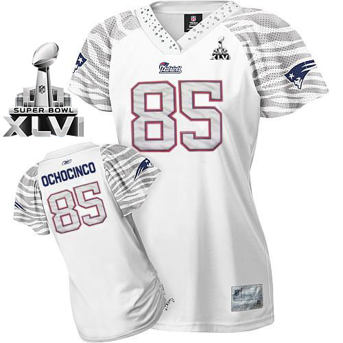 Patriots #85 Chad Ochocinco White Women's Zebra Field Flirt Super Bowl XLVI Stitched NFL Jersey - Click Image to Close